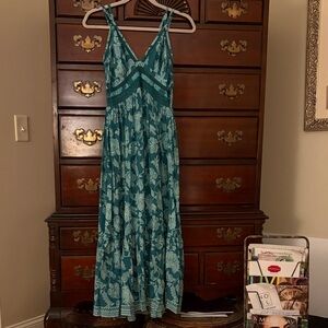 Angie Teal Floral Maxi Dress with V-Neck and Spaghetti Straps
